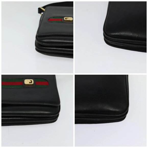 GUCCI Web Sherry Line Shoulder Bag Leather Black Gold Auth ep9327 - Picture 15 of 15